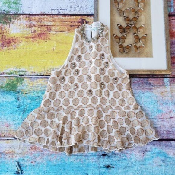 UO Kimchi Blue Chanderella Jacquard Embellished Beaded Metallic Peplum Top S - Picture 3 of 12